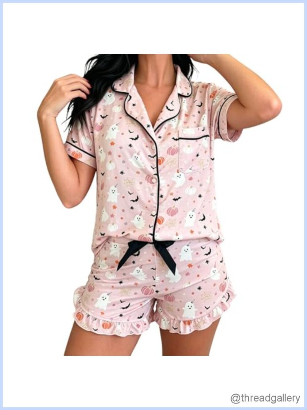 Halloween Silk Pajama Set Button Down V-Neck Top Ruffle Shorts